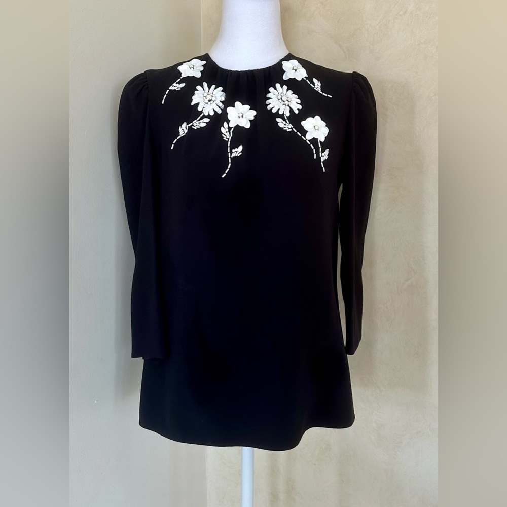 STUNNING BLACK PRADA TOP WITH WHITE EMBELLISHED FLOWERS